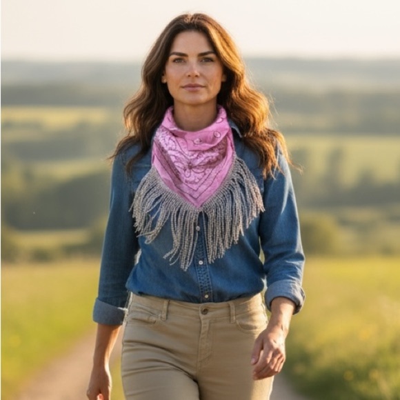 Fringed Rhinestone Decorative Pink Bandana - Picture 1 of 10